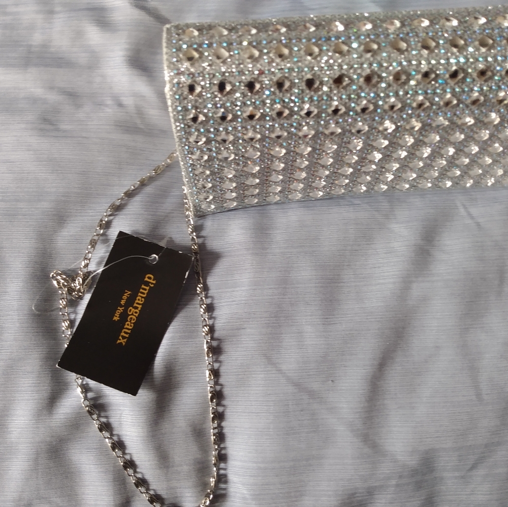 Silver, sequence; bead clutch with strap